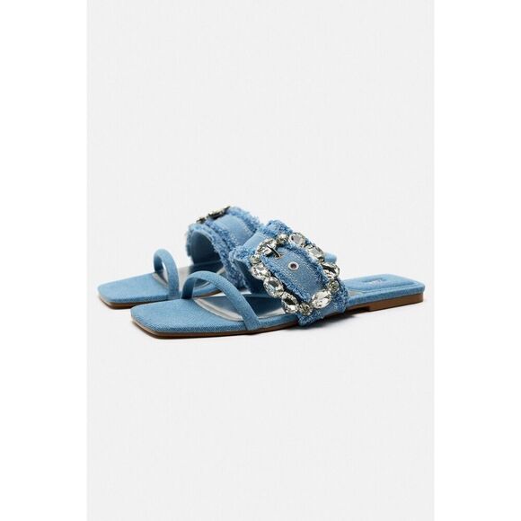 NWT Zara Blue Denim Flat Buckled Sandals 37 6.5 - Picture 1 of 11